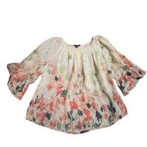 Zac & Rachel Ruffled Bell Sleeve Blouse Pink and Green